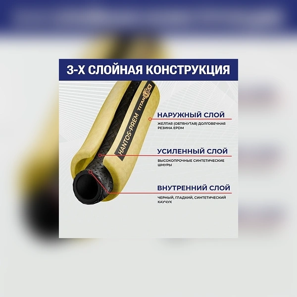 Рукав для воды и сжатого воздуха «HANTOS-PREM», желтый, вн. диам. 50мм, 28bar, TL050HS-PR TITAN LOCK
